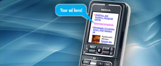 A Nokia phone on a blue background with a speech bubble reading Your ad here.